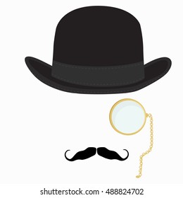 Vector illustration of black derby hat, mustache and golden monocle with chain. Bowler hat. Black fashion gentleman hat. Gentleman concept