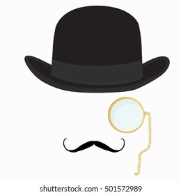 Dibujo vectorial de sombrero derby negro, bigote y monóculo dorado con cadena. Sombrero Bowler. Sombrero caballero negro de la moda. Concepto de Caballero