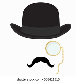 Vector illustration of black derby hat, mustache and golden monocle with chain. Bowler hat. Black fashion gentleman hat. Gentleman concept