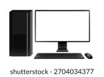 Vector illustration of black desktop pc, widescreen monitor with blank empty white screen, system unit, keyboard and mouse. Realistic mockup or template, isolated on white background