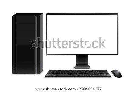 Vector illustration of black desktop pc, widescreen monitor with blank empty white screen, system unit, keyboard and mouse. Realistic mockup or template, isolated on white background