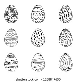 Vector illustration of black doodle egg with handdrawn ornament for Easter holidays design isolated on white background. Greeting card, invitation, poster, banner design