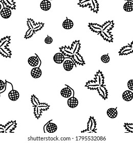 Vector Illustration of black doodle leaves and cones or berries isolated on a white background, Seamless pattern