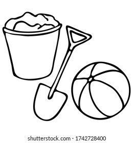 Vector illustration in black doodle style.  Children's beach toys:  sea vacation ball, shovel and bucket isolated on a white background