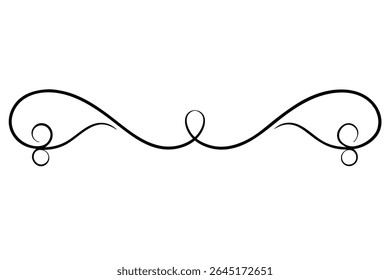 A vector illustration of a black double line swirl border against a white background The design features two symmetrical swirls connected by a central element creating a horizontal decorative line.