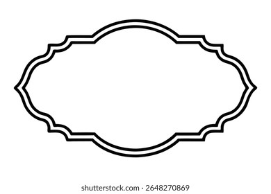 A vector illustration of a black double lined decorative frame against a white background The frame has a curved ornate design.