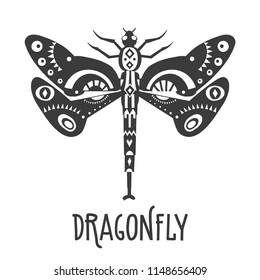 Vector illustration of black dragonfly decorated with patterns.