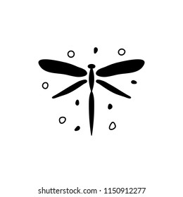 Vector illustration of black dragonfly and dots. Silhouette of black dragonfly.
