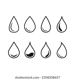 Vector illustration. Black drop of water on a white isolated background. Water drop flat icon. A collection of sixteen figures. Suitable for logos, badges, textile design and more.