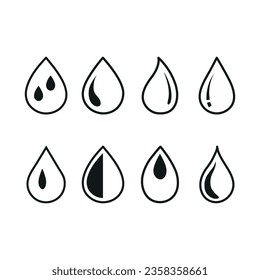 Vector illustration. Black drop of water on a white isolated background. Water drop flat icon. A collection of sixteen figures. Suitable for logos, badges, textile design and more.