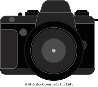 Vector illustration of a black DSLR camera - front view with a large lens