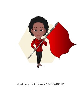 vector illustration of a black / ebony / African woman standing and carrying a red flag in her hand. Isolated with white background.
