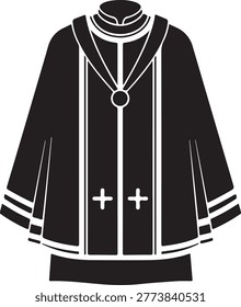 Vector illustration of a black ecclesiastical chasuble featuring white crosses and decorative trim for religious or liturgical use.