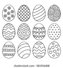 Vector illustration: black  egg icons with ornament for Easter holidays design isolated on white background.