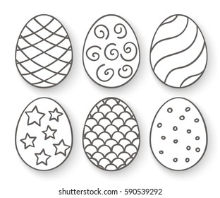 Vector illustration: black  egg icons with shadow and ornament for Easter holidays design isolated on white background.