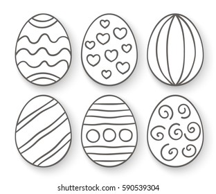 Vector illustration: black  egg icons with shadow and ornament for Easter holidays design isolated on white background.