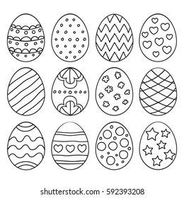 Vector illustration: black  egg icons with different  ornaments for Easter holidays design isolated on white background.