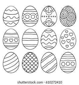 Vector illustration: black  egg icons with different  ornaments for Easter holidays design isolated on white background.