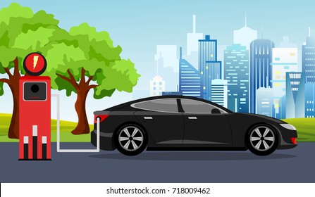 Vector illustration of black electric car and charging station green tree, sun, blue sky background. Vector Electric car infographic concept.