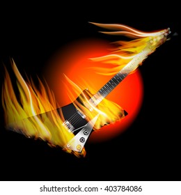 Vector illustration Black Electric Rock Guitar in fire and flames on a black background with oranzhevym circle.