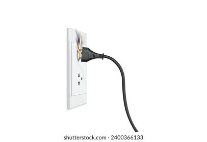 ilustración vectorial del enchufe de alimentación del cable eléctrico negro suelto, cortocircuito con la electricidad, fallo eléctrico que da lugar a una salida eléctrica quemada en la pared, en blanco.Compruebe la seguridad del uso de la electricidad.