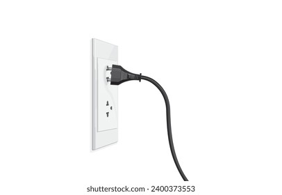 vector illustration of black electrical cord power plug loose with power supply electric switch outlet socket,falling from outlet electric shock on wall,on white.Check,Safety from using electricity.