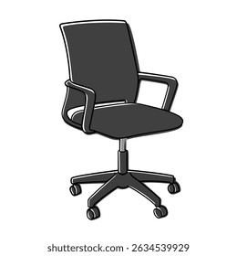 Vector illustration of a black ergonomic office chair with wheels and high backrest. Perfect for office, workspace, or daily home use
