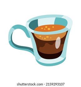Vector illustration of a black espresso coffee. Delicious drink in transparent cup. Orange, brown, beige, blue colors. Hand drawn cartoon flat vector illustration