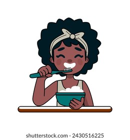 vector illustration of a black female child brushing her teeth in a cartoon and flat style. Suitable for illustrating dental health problems or creating learning media and so on