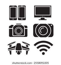 a vector illustration of an black filled icons for technology, including a smartphone, computer, camera, drone, and Wi-Fi signal symbol