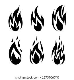 Vector illustration.Set of black fire flame icons isolated on white background. Energy concept. Simple flat style. Perfect for web site, mobile app, game design ,badge, poster, cover,print, flyer, ad.