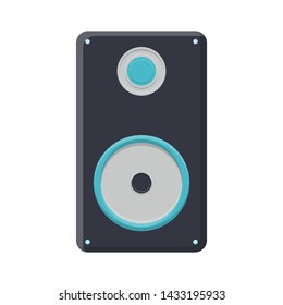 Vector illustration of a black flat icon of a simple modern digital loud large music speaker isolated on white background. Concept: computer digital technologies