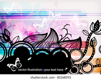 vector illustration of a black floral frame with fantasy plants and flowers on a bright colorful background.eps10