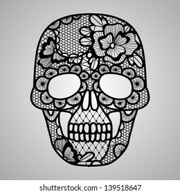 Vector illustration of black  floral lacy skull. Los muertos.