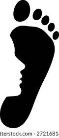 Ilustración vectorial de una forma de huella negra que contiene un espacio negativo perfil de cara humana que simboliza identidad, huella de carbono e impacto humano aislado sobre fondo blanco