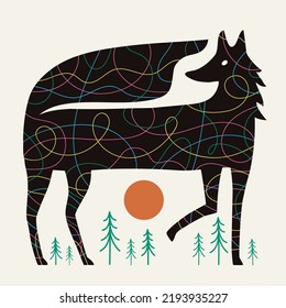 Vector illustration with black fox, colored abstract doodle lines and green pine tree forest. Trendy nature lovers print design with wild animal, traveling concept art poster