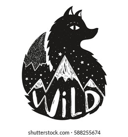 Vector illustration with black fox with mountains landscapes inside. Typography poster with lettering word - Wild. Print design, home decoration with animal, stars and hills