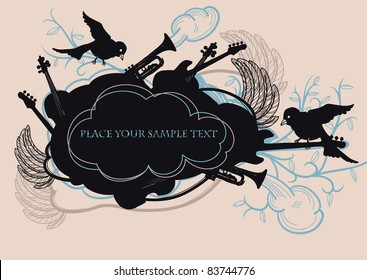 vector illustration of a black frame with flying birds and musical instruments on a floral background