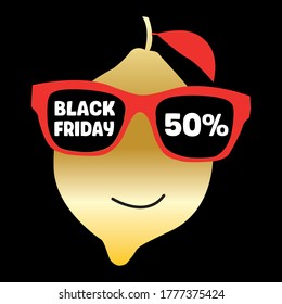 Vector illustration. Black Friday, 50% discount, Golden lemon with red glasses on a black background.