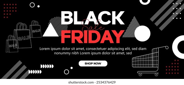 A Vector illustration of a Black Friday advertisement featuring shopping bags and a cart on a geometric black and white background, emphasizing sales and discounts.