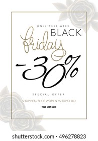 vector illustration of black friday advertising flyer with hand lettering golden word - friday - and gold roses on background. Big sale.