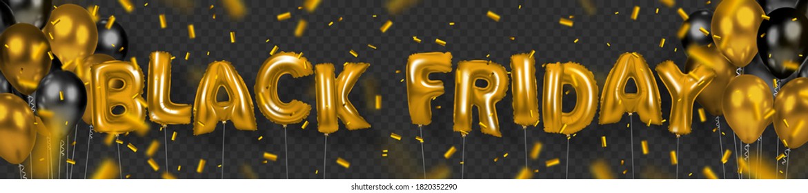 vector illustration, black friday, banner of inflated gold letters and balloons. Transparency background.