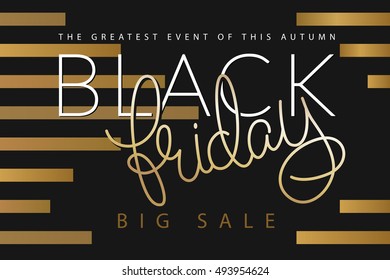 vector illustration of black friday banner with hand lettering golden word - friday on golden stripped background. big sale advertising.