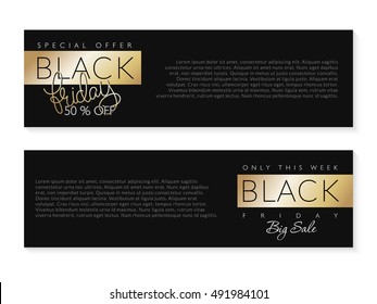 vector illustration of black friday black banners with golden rectangles on background.