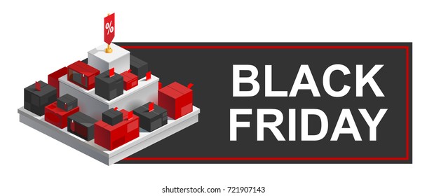Vector illustration of black Friday, boxes with produce, big sale, purchase, counter with boxes. Isometry.