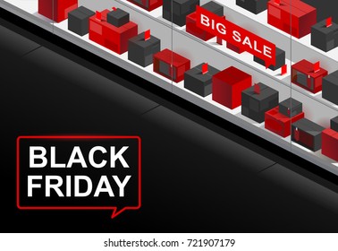 Vector illustration of black Friday, boxes with produce, big sale, purchase, counter with boxes. Isometric.