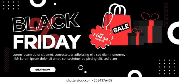 A vector illustration for Black Friday featuring sale shopping bags and a limited-time offer tag on a bold black background.