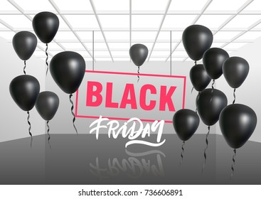 Vector illustration for Black Friday. Festive inscription among black balloons in a white modern room.