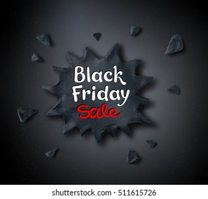 Vector illustration with Black Friday lettering and hand made plasticine explosion banner on dark background.