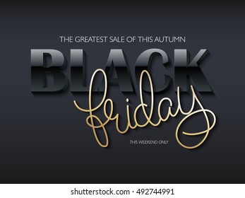 vector illustration of black friday poster with black 3d and golden hand lettering text.